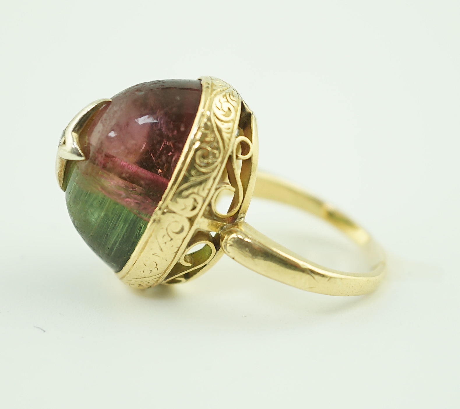 A Victorian 18ct gold and cabochon watermelon tourmaline set dress ring